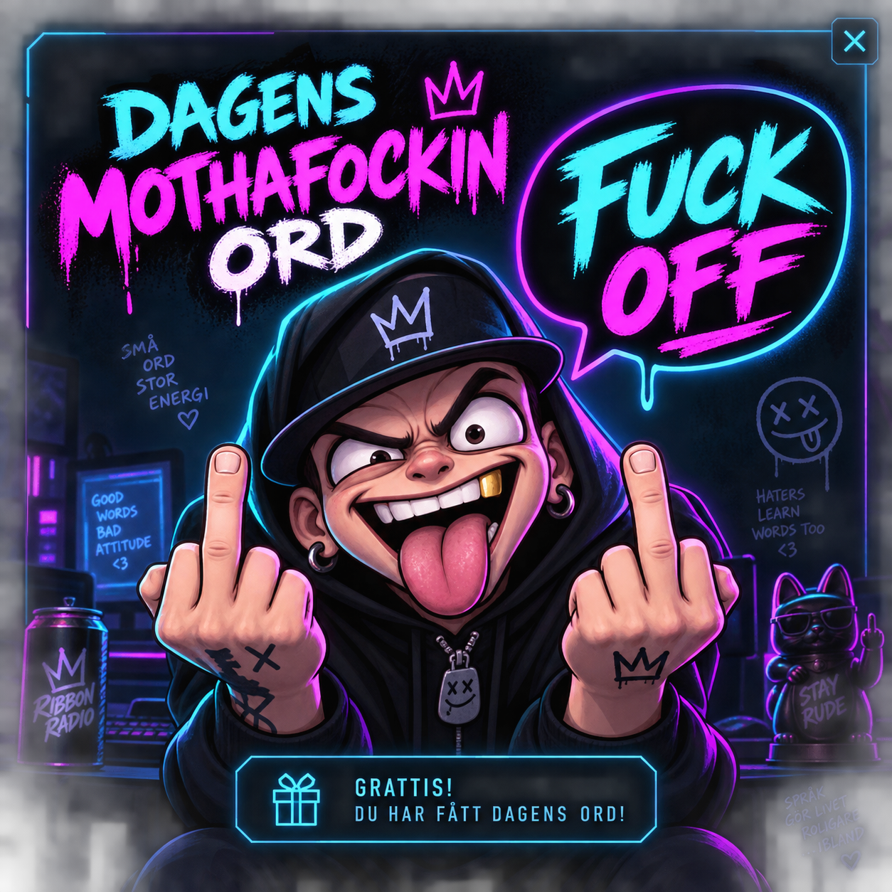 Tecknad figur som visar båda långfingrarna och säger Fuck Off